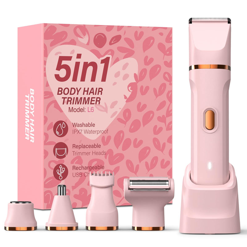 5-in-1 Bikini Trimmer for Women, IPX7 Waterproof Electric Razors Shaver, Cordless Body Hair Trimmer, Facial & Pubic Hair Removal, Ceramic Blade (Blush) A-pink