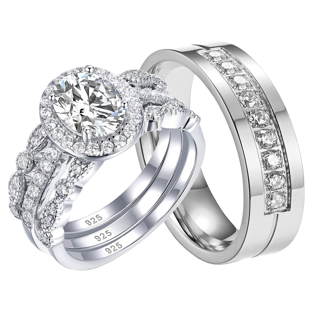 [Australia] - Ahloe Jewelry 1.9Ct Oval Cz Wedding Ring Sets for Him and Her Women Men Titanium Stainless Steel Bands 18K Gold Couple Rings Size 5-13 Women's Size 10 & Men's Size 10 