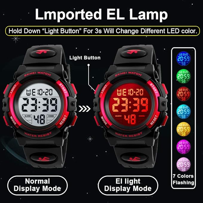 [Australia] - Kids Digital Sport Waterproof Watch for Girls Boys, Kid Sports Outdoor LED Electrical Watches with Luminous Alarm Stopwatch Child Wristwatch Red 