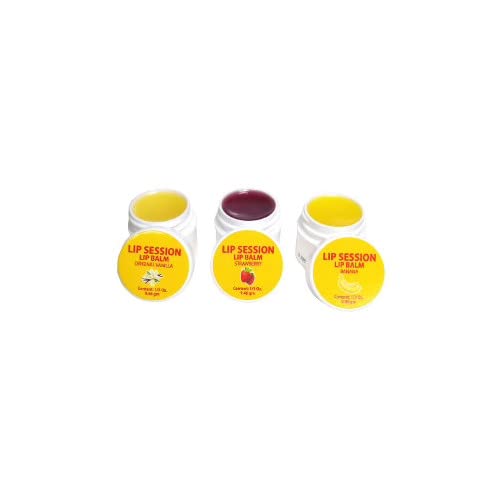 Lip Session Lip Balm Assorted Flavors 3 Pack of Jars .33 Oz. - Vanilla Original, Strawberry & Banana with Vitamin E & Cocoa Butter - Soothes Dry, Cracked, or Chapped Lips 1