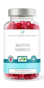 Biotin 5000ug Hair, Skin & Nail Vitamin Gummy | 60 x Vegan Strawberry Flavoured chewable Gummies for Men & Women | Beard, Hair, Skin & Nail Supplement