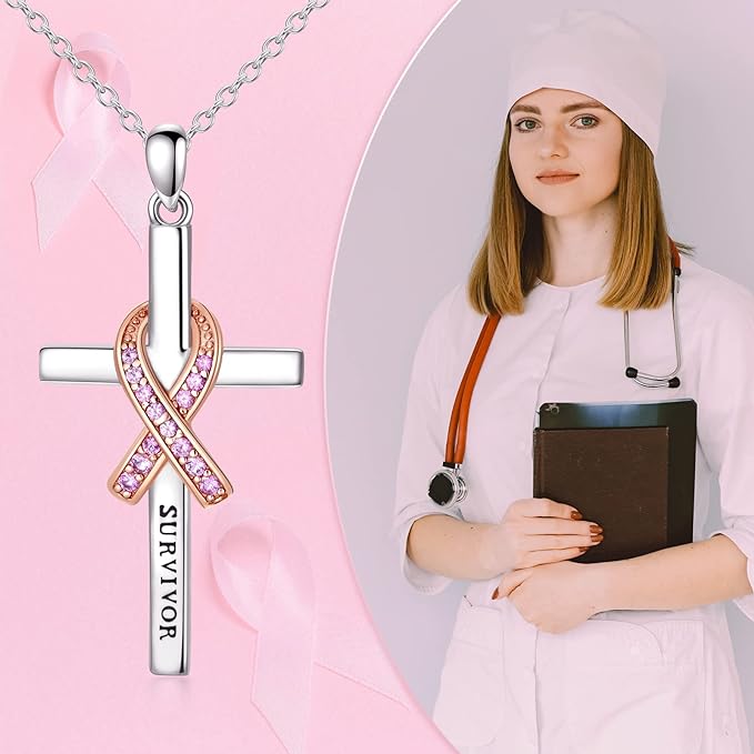 [Australia] - Breast Cancer Survivor Necklace 925 Sterling Silver Pink Ribbon Pendant Necklace Cancer Awareness Survivor Jewelry Gifts for Women Girls 