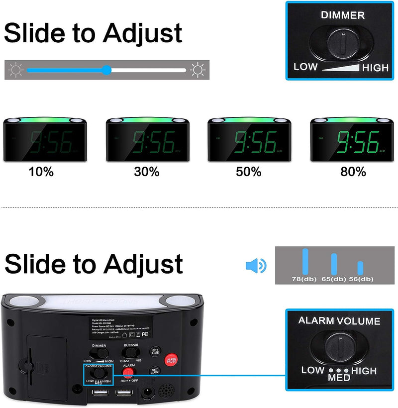 [Australia] - Loud Alarm Clock with Bed Shaker, Vibrating Alarm Clock for Heavy Sleepers, Deaf and Hard of Hearing, Dual Alarm Clock, 2 USB Charger Ports, 7-Inch Display, Full Range Dimmer and Battery Backup-Green 