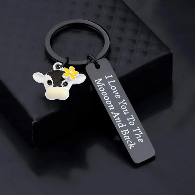[Australia] - BAUNA Cute Cow Keychain Cow Lover Jewelry I Love You To The Moooon And Back Farm Animal Lover Gifts For Farmers Best Friend Cow Black Keychain 