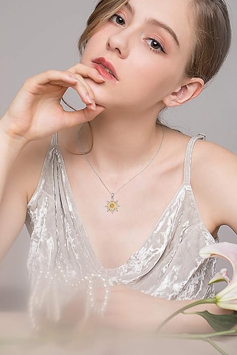 [Australia] - Sterling Silver Sun Sunburst Pendant Necklace with Citrine Swarovski Crystal, November Birthstone Jewelry, Christmas Gift for Women Girls 