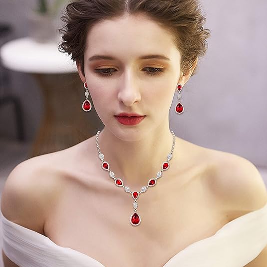 [Australia] - EleQueen Women's Silver-Tone Cubic Zirconia Teardrop Flower Bridal V-Necklace Sets Tennis Bracelet Dangle Earrings Ruby Color 