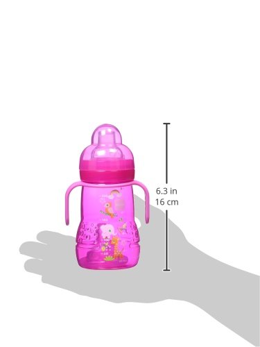 MAM Plastic Trainer Cup (1 Count), 8 oz. Trainer Drinking Cup with Extra-Soft Spout, Spill-Free Nipple, and Non-Slip Handles, for Girls 4+ Months, Designs May Vary Pink 1 Count (Pack of 1)