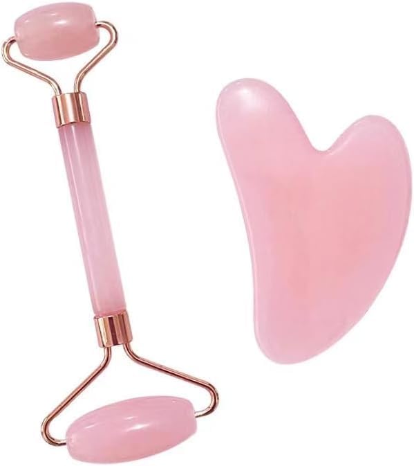 [Australia] - Jade Roller and Gua Sha Stone Massage Tool Set, Natural Rose Quartz Jade Face Roller Stone for Skin Care Anti Aging, De-Puffing, Detoxifying, Brightening, and Refreshes Skin Tool 