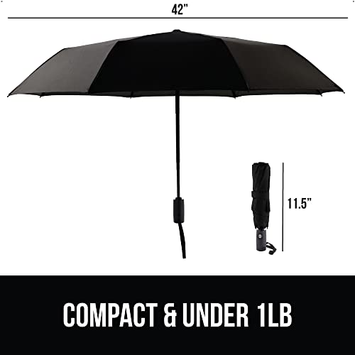 GORILLA GRIP Windproof Umbrella and Shade Sail, Umbrella is Compact in Black Color, Shade Sail is UV Resistant in Sand Color, 2 Item Bundle