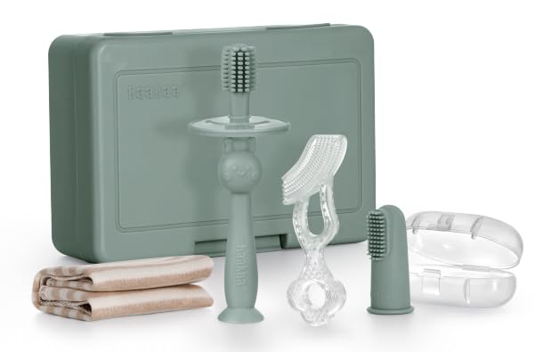 [Australia] - haakaa Training Toothbrush Set Oral Care Kit, Soft Silicone Toothbrush for Baby, Infants, Toddlers & Kids, Pea Green 