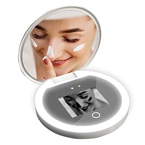Travel Makeup Mirror with Camera for Sunscreen Test, 2X Magnification HD Screen 97mm 3.5inch, LED Light On Screen Buttons Control Brightness