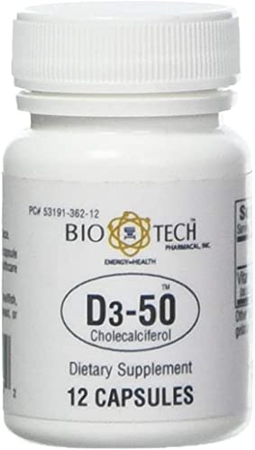 Bio-Tech Pharmacal D3-50 50,000 IU, 12 Capsules – All-Natural Supplement – Supports Bone & Immune Health – No Dairy, Fish, Gluten, Peanut, Shellfish, & Soy