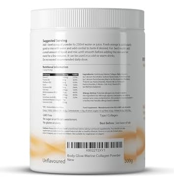Body Glow Marine Collagen Powder, 10,000mg with Hyaluronic Acid & Vitamin C, Hydrolysed for High Absorption, Type 1 Marine Collagen from Fish, Unflavoured, Odourless & Neutral Taste, 29 Servings 300g