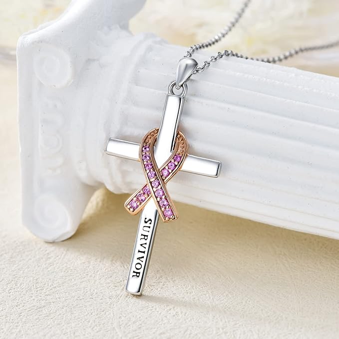 [Australia] - Breast Cancer Survivor Necklace 925 Sterling Silver Pink Ribbon Pendant Necklace Cancer Awareness Survivor Jewelry Gifts for Women Girls 