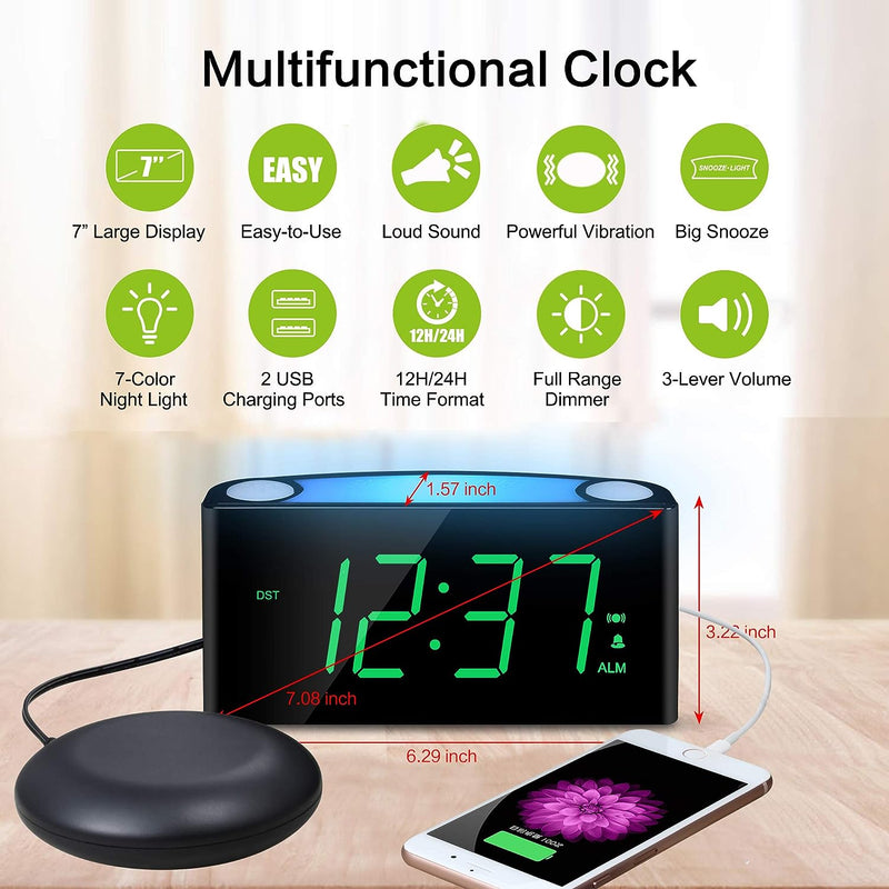 [Australia] - Loud Alarm Clock with Bed Shaker, Vibrating Alarm Clock for Heavy Sleepers, Deaf and Hard of Hearing, Dual Alarm Clock, 2 USB Charger Ports, 7-Inch Display, Full Range Dimmer and Battery Backup-Green 