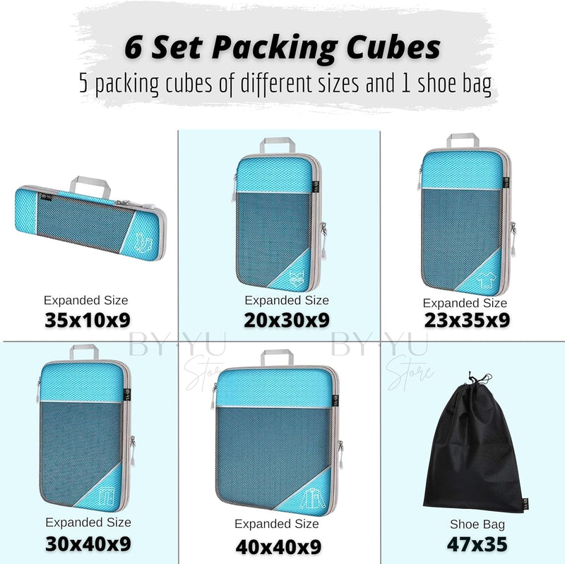 [Australia] - Gonex Compression Packing Cubes, 6 PCS Travel Luggage Packing Organizers with Mesh Extensible Suitcase Organiser for Travel Set of 6 Blue 