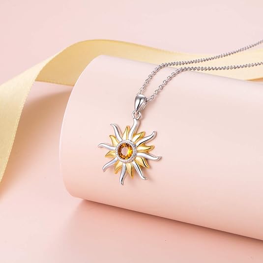 [Australia] - Sterling Silver Sun Sunburst Pendant Necklace with Citrine Swarovski Crystal, November Birthstone Jewelry, Christmas Gift for Women Girls 