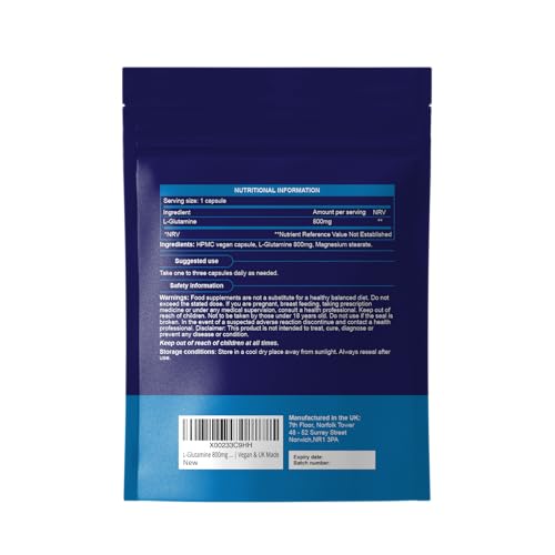 L-Glutamine 800mg Capsules | 90 Capsules Per Pouch | L-Glutamine Nutritional Supplements | Supports Muscle and Gut Health | Good Alternative to Powder and Tablets | Vegan & UK Made (Pack of 2) 90 count (Pack of 2)