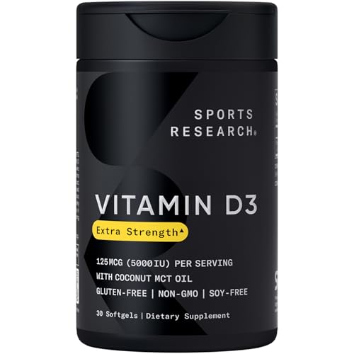 Sports Research® Triple Strength Omega-3 Fish Oil 1250mg from Wild Alaska Pollock, Vitamin D3 5000 IU with Coconut MCT Oil (125mcg) and Vegan Biotin 5000mcg Vitamin B7