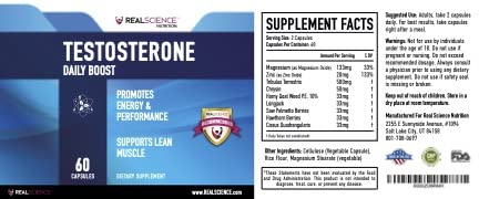 Real Science Nutrition Daily Boost Free Testosterone Booster for Men - Strongest Supplement for Muscle Growth, Bodybuilding & Energy with 9 Powerful Ingredients - 60 Capsules