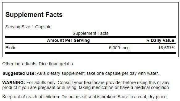 Swanson Biotin B7 Vitamin 5000 mcg, 30 Capsules | Helps Nourish Hair, Skin and Nails, Supports Energy Production and Supports Carbohydrate, Fat and Protein Metabolism