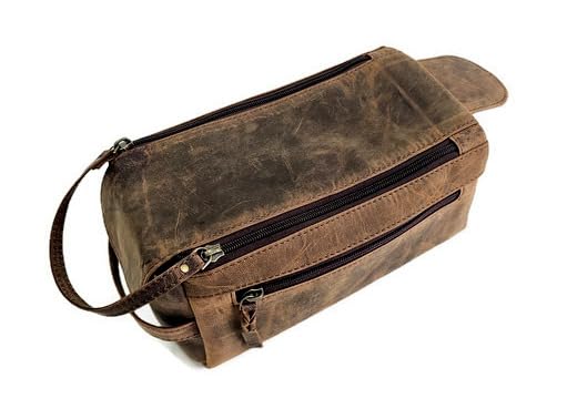 Leather Toiletry Wash Bag: Stylish Travel Organizer with Durable Construction and Water Resistant Lining.