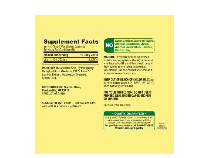 Ultra Strength Vitamin C Capsules Dietary Spring Valley Supplement, 2,000 mg, 120 Count and Bookmark Gift of YOLOMOLO