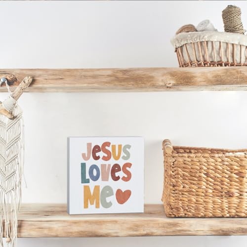 Christian Decor Boho Wooden Box Sign, Jesus Religious Wall Decor Jesus loves me