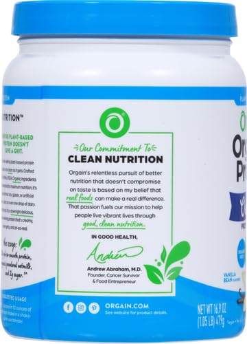 [Australia] - Orgain Organic Vegan Protein Powder + Oat Milk, Vanilla Bean - 20g Plant Based Protein, Gluten Free, No Dairy, Soy or Lactose Ingredients, Low Sugar, Non-GMO, Kosher, For Shakes & Smoothies - 1.05lb 12 Servings (Pack of 1) 