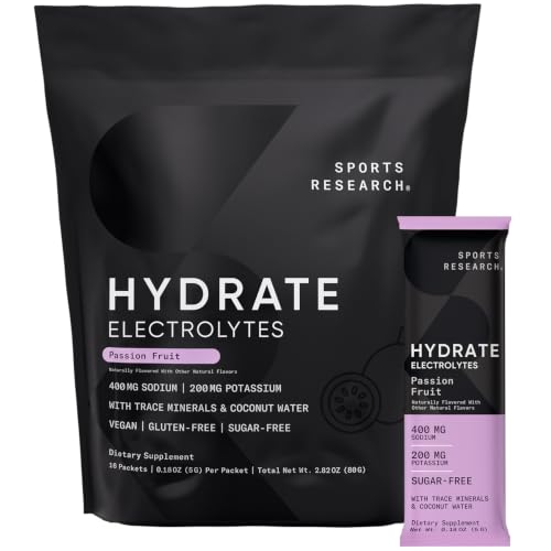 Sports Research Hydrate Electrolytes Combo Pack - Sugar-Free & Naturally Flavored with Vitamins, Minerals, and Coconut Water - Supports Hydration - 32 Packets - Passion Fruit Dominant Flavor