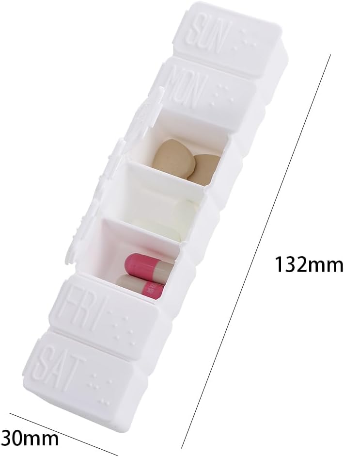 White Portable Weekly Pill Organizer, Travel Daily 7-Days Braille Pill Box Containers for Medicine Supplements Vitamin Fish Oil Personal Pill Organizers