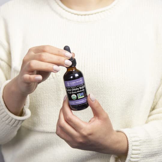 [Australia] - Global Healing Organic Tulsi (Holy Basil Leaf Extract) Vegan Liquid Supplement Drops (Organic basil) - Bioavailable Herb for Normal Stress Response, Natural Energy & Immune Support - 2 Fl Oz Tincture 