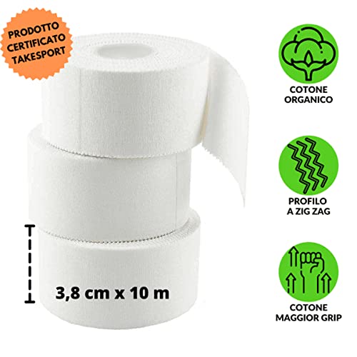 TAKE Sport®, Tape Sportivo, Nastro fasciature, Nastro Sportivo, Sport Tape. 6 rotoli 3,8 x 10m, 100% Cotone, Bordo Zig Zag, Non Elastico. Bianco (6)