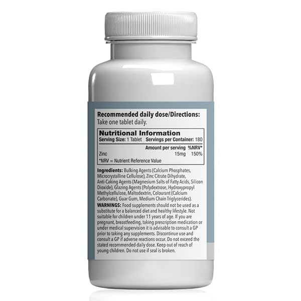 Zinc 15mg Tablets | Contributes to Normal Fertility, Hair, and Immune System Function | Potent One-a-Day Formula | 360 Tablets = 12 Months' Supply | Manufactured in The UK to GMP Standards Unflavoured 180 count (Pack of 2)