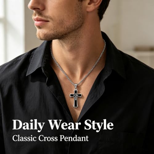 Mens Cross Necklace, Stainless Steel 3D Layered Cross Pendant Chain for Men