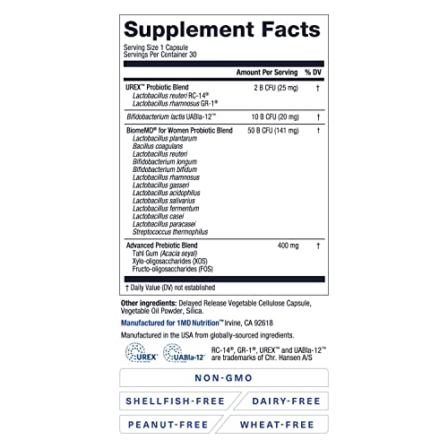 [Australia] - 1MD Nutrition BiomeMD Probiotics for Women - Daily Prebiotics and Probiotics for Women - More than 60 Billion CFUs, 15 Strains - Womens Probiotic to Support Urinary & Vaginal Health - 30 Capsules 30 Count (Pack of 1) 