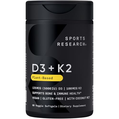 Sports Research® - Vegan Vitamin D3 5000iu + K2 100mcg Mk7 with Coconut Oil (60 Softgels) and 10,000mcg Biotin (120 Softgels)