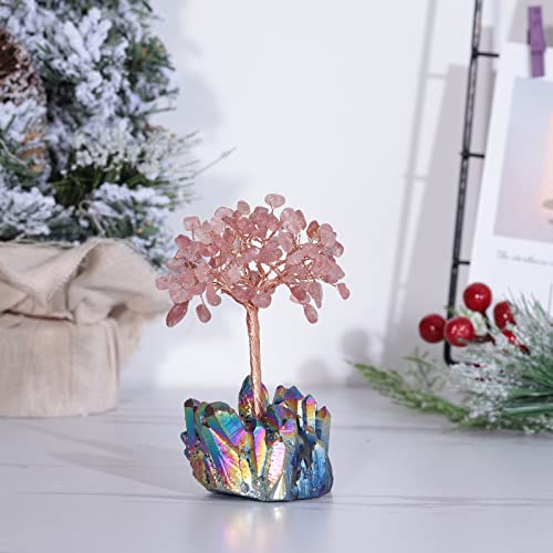 moonsix Crystal Tree with Rainbow Titanium Coated Rock Crystal Cluster Base Pink Strawberry Quartz