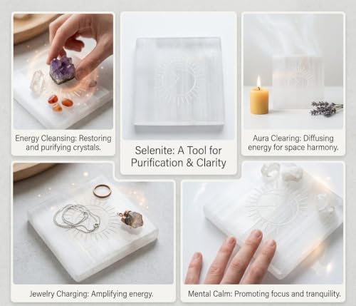 Selenite Etched Charging Plate Crystal Healing Gift Positive Energy Peace Meditation Wellness