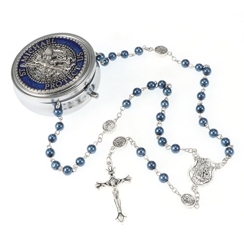 Saint Michael the Archangel Blue Pearl Beads Catholic Rosary Necklace