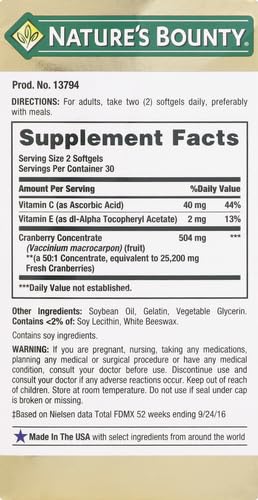 [Australia] - Nature's Bounty Cranberry Dietary Supplement, Supports Urinary Tract and Immune Health, Softgels, 25,200 Mg, 60 Ct Unflavoured 60 Count (Pack of 1) 