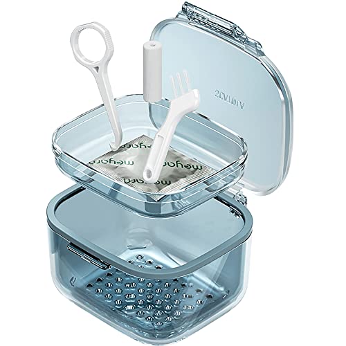 Retainer Case, Retainer Cleaner Case, Unique Denture Bath with Drain Tray, Suitable for Dentures, Denture Bridges, Partial Dentures, Traditional Braces, Etc. (Blue) Large Retainer Case Blue