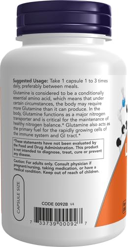 NOW Foods Supplements, L-Glutamine 500 mg, Nitrogen Transporter*, Amino Acid, 120 Veg Capsules, (Pack of 2) Unflavored 120 Count (Pack of 2)