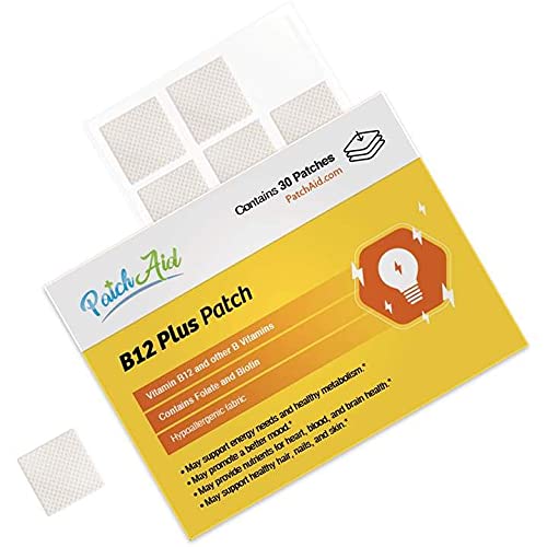 Patch Aid B12 Plus - 30 Daily Topical Patches. 100% Natural & Vegan. Allergy & Filler Free. High Absorption and More bioavailable. Suitable for Sensitive stomachs & bariatric.