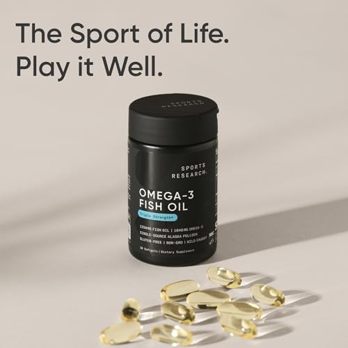 Sports Research® Triple Strength Omega 3 Fish Oil 1250mg from Wild Alaska Pollock - Burpless Fish Oil Supplement with Omega3s EPA & DHA and Vegan Biotin 10,000mcg + Coconut Oil Max Strength B7 Vitamin