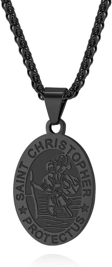 Oval Saint Christopher/Michael/Joseph Pendant Medal Necklace, Catholic Stainless Steel Wheat Chain 24 Inches Saint-Christopher-Black