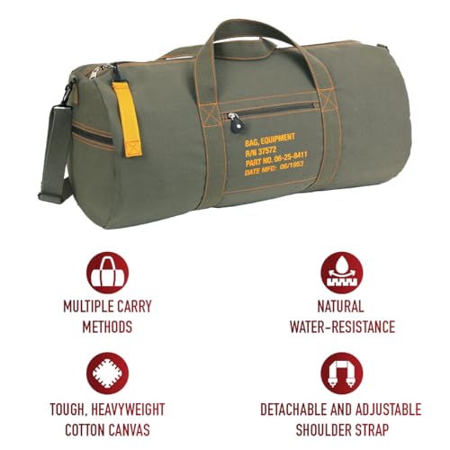 Rothco Canvas Equipment Bag, Heavyweight Cotton Carryall | Vintage-Inspired Duffle, Zippered Compartments, Adjustable Shoulder Strap, Ideal for Storage, Gym & Travel 19 Inches Olive Drab