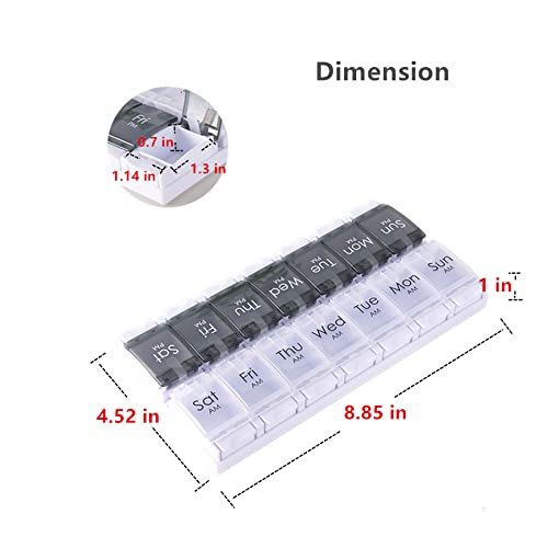 Pill Box Organiser 7-Day Weekly for AM PM Day Night Twice a Day, Pill Case with 14 Compartments for Vitamin Capsule Supplements Press Open Black-White (2time1day-blk)