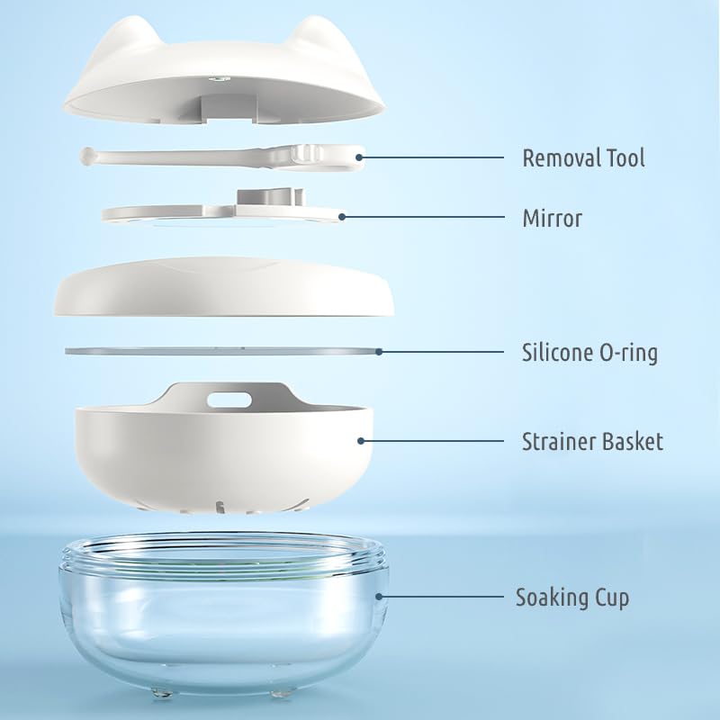 Cute Retainer Case with Removal Tool and Mirror, Compact Bath Cup with Strainer Tray for Partial Denture, Leakproof Soaking Container for Aligners, Mouth Guards, Night Guards, Veneers (Green Cat) Green Cat
