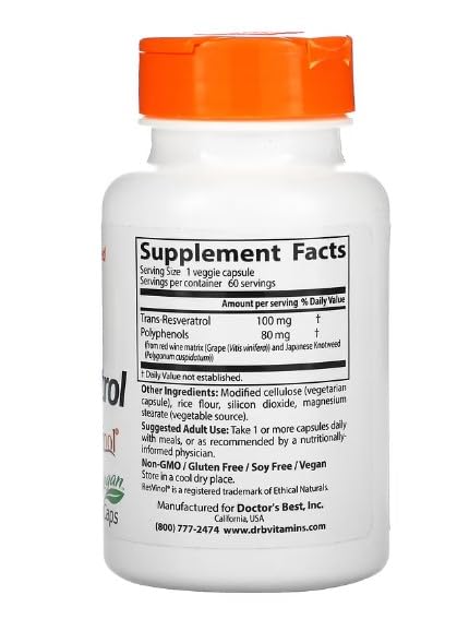 DoctorsBEST Doctor's Best - Trans-Resveratrol with ResVinol | Supports Heart Health and Promotes Anti-ageing - 100mg, 60 vcaps